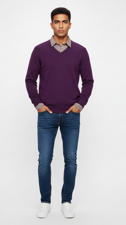 Men's Classic Fine-Knit V-Neck Sweater - Plum Purple