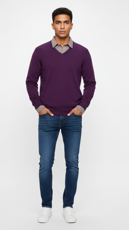 Men's Classic Fine-Knit V-Neck Sweater - Plum Purple
