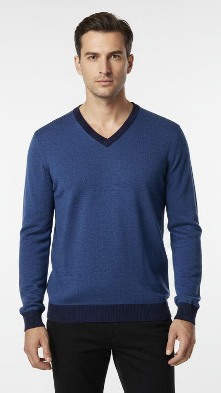 Men's V-Neck Sweater with Contrast Trim - Heather Blue