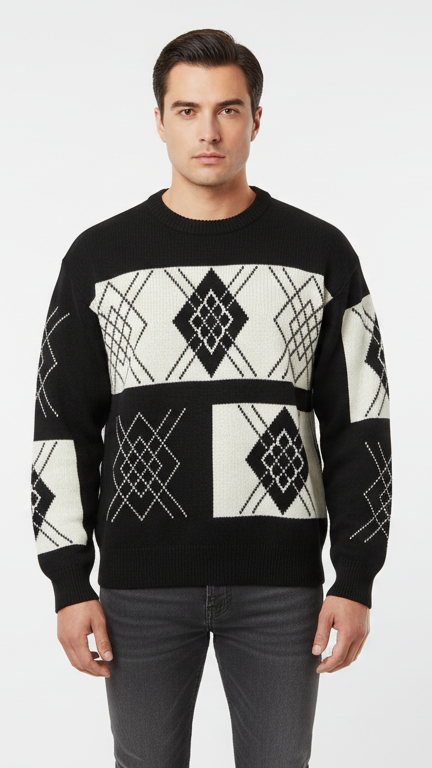 Men's Graphic Argyle Pattern Sweater - Black & White