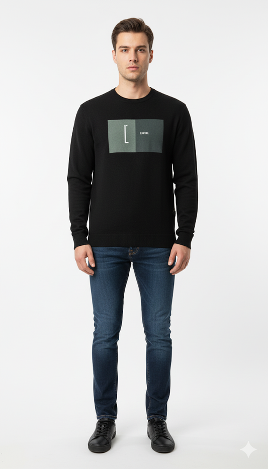 Men's Black Crew Neck Sweatshirt with "Travel" Graphic