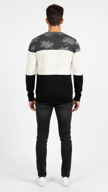 Men's Leaf Pattern Color-Block Sweater - Grey, White & Black