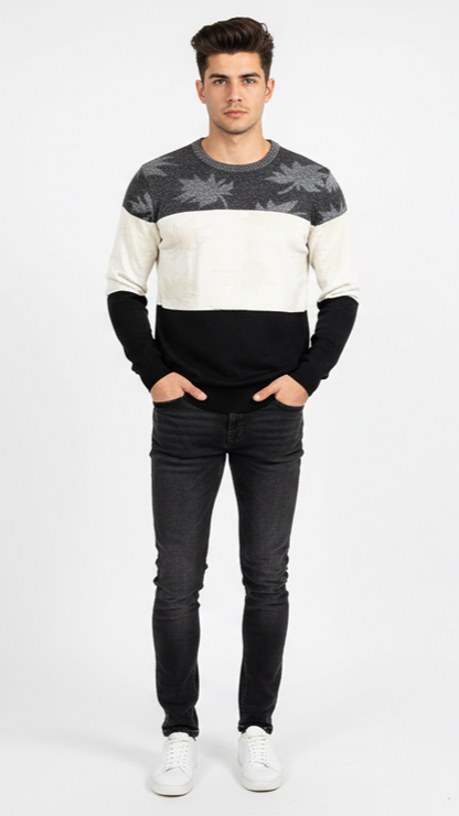 Men's Leaf Pattern Color-Block Sweater - Grey, White & Black