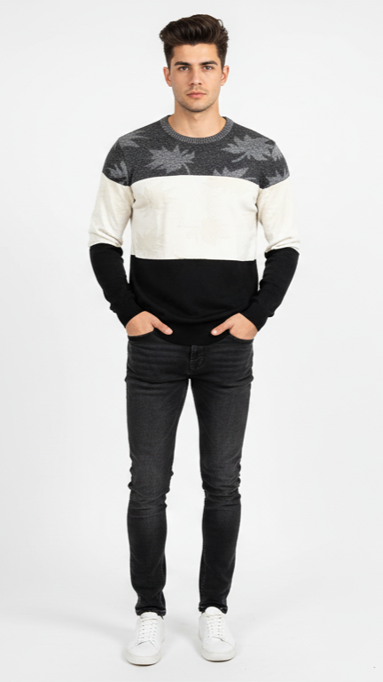 Men's Leaf Pattern Color-Block Sweater - Grey, White & Black