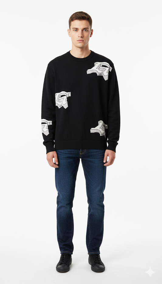 Men's Black Crew Neck Sweatshirt with Abstract White Designs