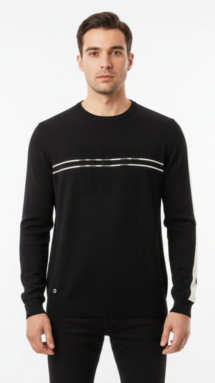 Men's Graphic Stripe Crewneck Sweater with Sleeve Detail