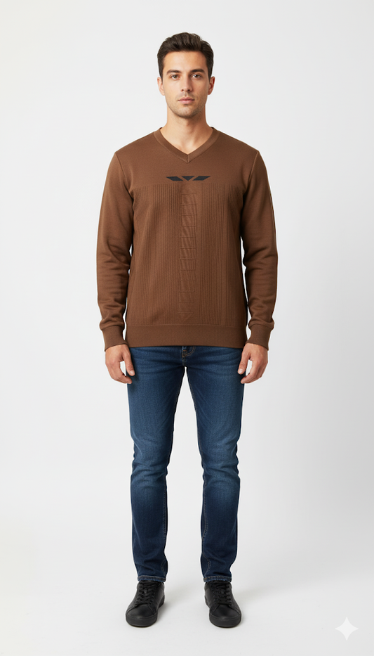 Men's Brown V-Neck Sweater with Textured Details