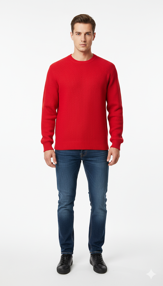 Men's Red Ribbed Crew Neck Sweatshirt