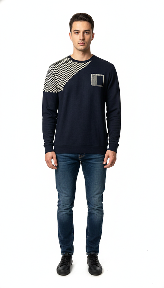 Men's Navy & Checkered Design Sweatshirt