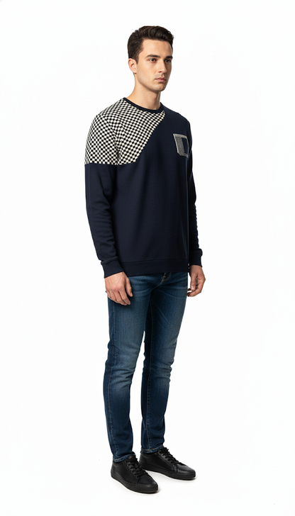 Men's Navy & Checkered Design Sweatshirt