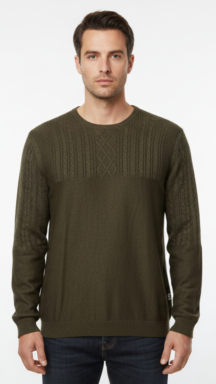 Men's Crewneck Sweater with Cable Knit Panel - Olive Green