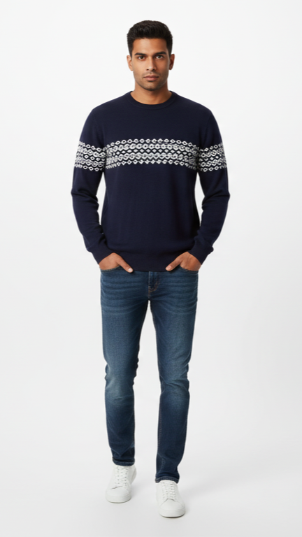 Men's Fair Isle Pattern Crewneck Sweater - Navy