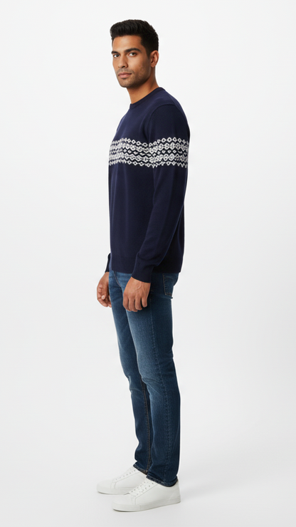 Men's Fair Isle Pattern Crewneck Sweater - Navy