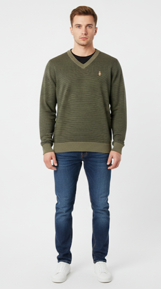 Men's Olive Green Striped V-Neck Sweater