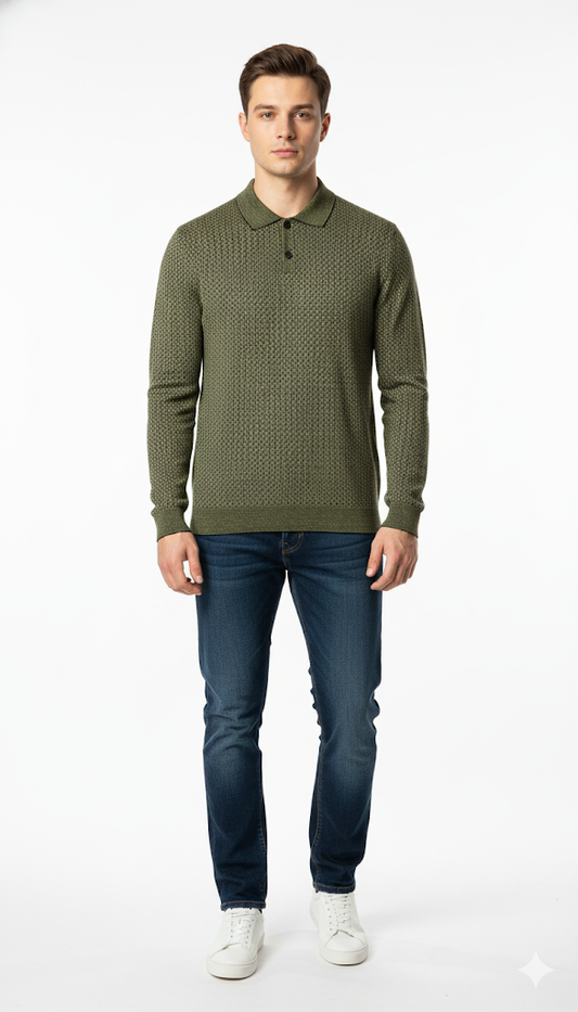 Casual Olive Knit Polo with Denim Jeans