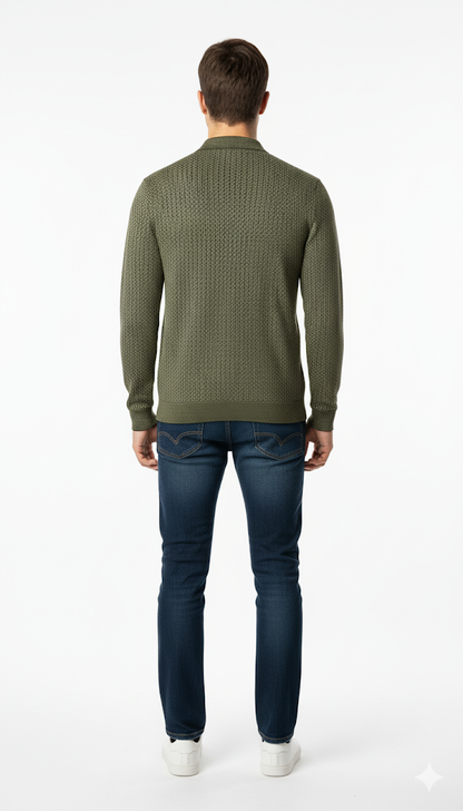 Casual Olive Knit Polo with Denim Jeans
