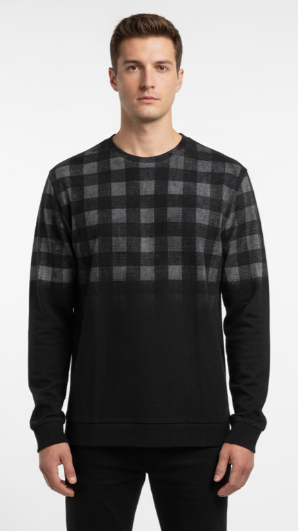 Men's Plaid Panel Crewneck Sweater - Black & Grey
