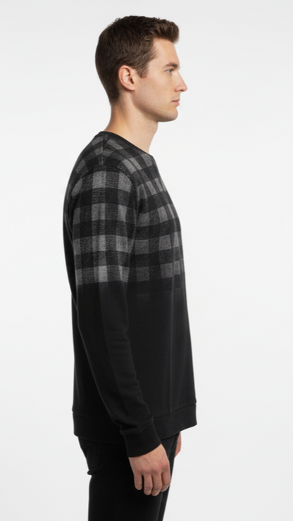Men's Plaid Panel Crewneck Sweater - Black & Grey