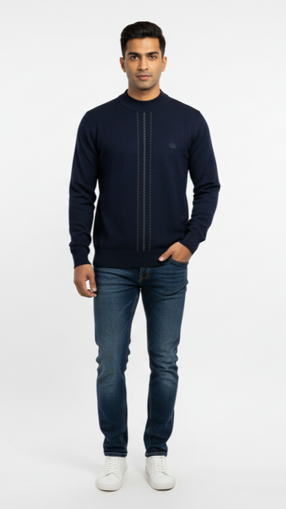 Men's Mock Neck Sweater with Vertical Stitch Detail - Navy