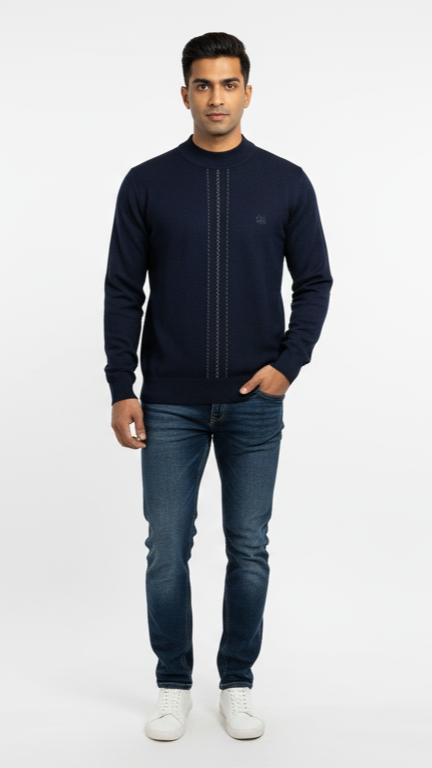 Men's Mock Neck Sweater with Vertical Stitch Detail - Navy