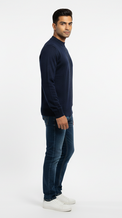Men's Mock Neck Sweater with Vertical Stitch Detail - Navy