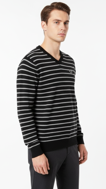 Men's Fine-Stripe V-Neck Sweater with Chest Crest - Black & Grey