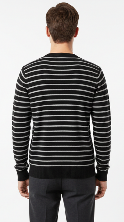 Men's Fine-Stripe V-Neck Sweater with Chest Crest - Black & Grey