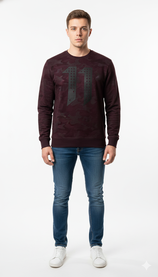 Men's Maroon and Navy Patterned Crewneck Sweater