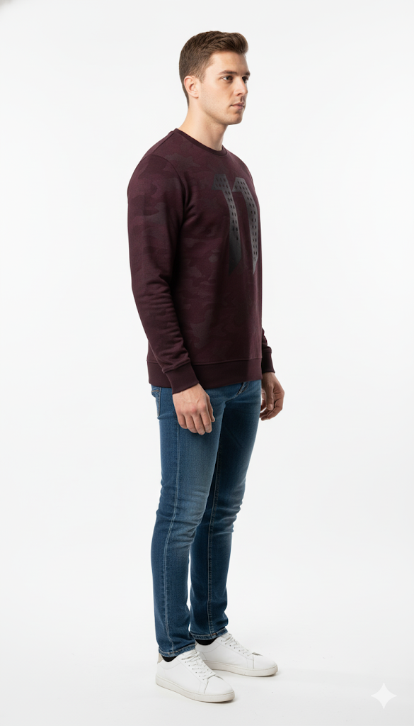 Men's Maroon and Navy Patterned Crewneck Sweater