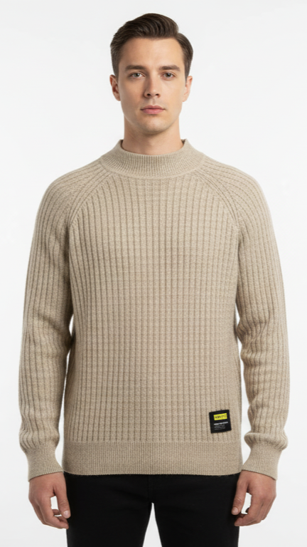 Men's Heavyweight Rib-Knit Mock Neck Sweater - Beige