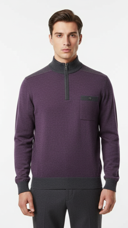 Men's Color-Block Quarter-Zip Sweater - Plum & Charcoal