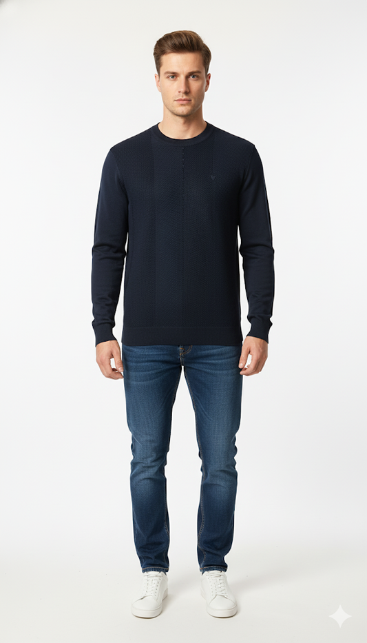 Men's Navy Blue Ribbed Crewneck Sweater