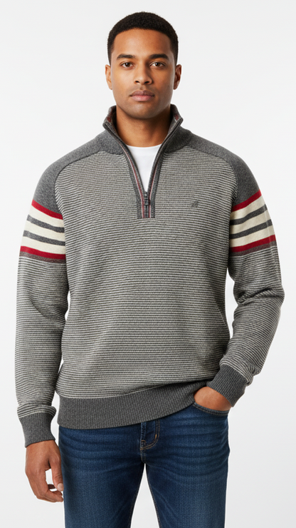 Men's Quarter-Zip Sweater with Retro Arm Stripes - Grey