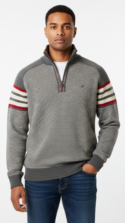 Men's Quarter-Zip Sweater with Retro Arm Stripes - Grey