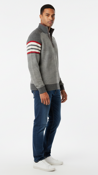 Men's Quarter-Zip Sweater with Retro Arm Stripes - Grey