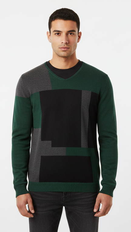 Men's Geometric Color-Block V-Neck Sweater - Green, Black & Grey