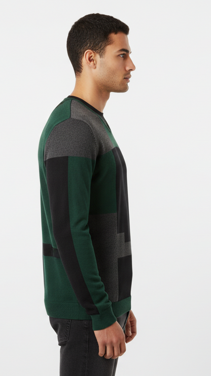 Men's Geometric Color-Block V-Neck Sweater - Green, Black & Grey