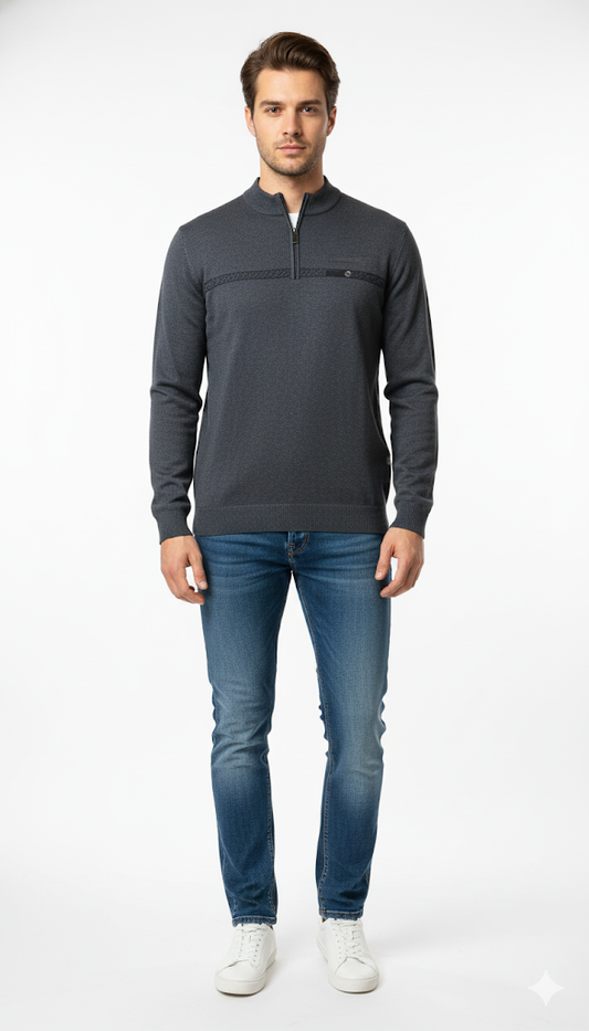 Men's Grey V-Neck Sweater with Striped Trim