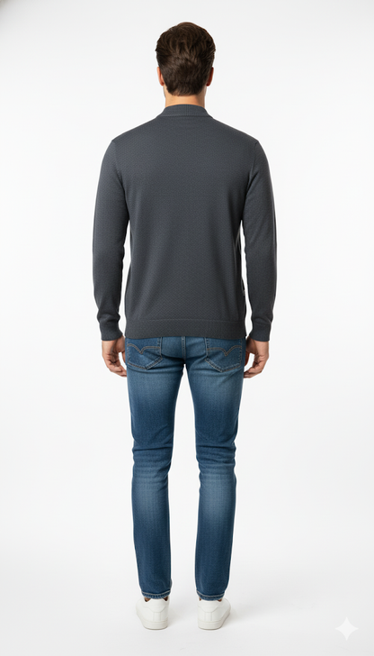 Men's Grey V-Neck Sweater with Striped Trim