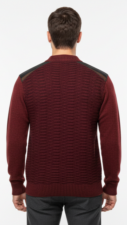 Men's Textured Sweater with Faux Leather Panels - Burgundy