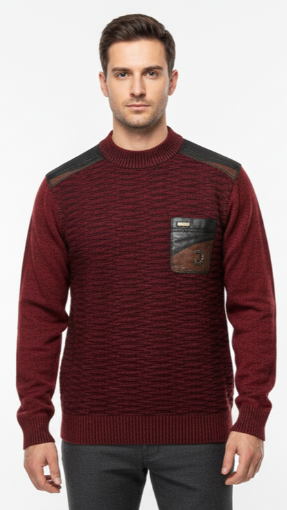 Men's Textured Sweater with Faux Leather Panels - Burgundy