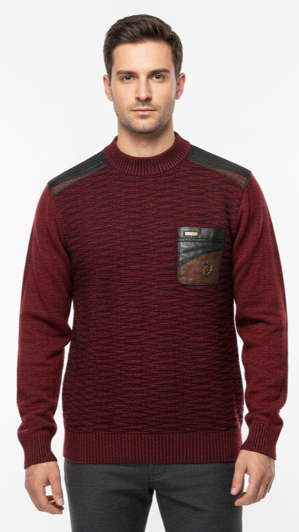 Men's Textured Sweater with Faux Leather Panels - Burgundy