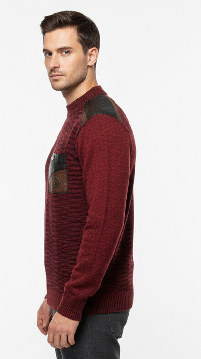Men's Textured Sweater with Faux Leather Panels - Burgundy