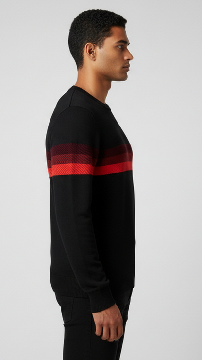 Men's Crewneck Sweater with Textured Gradient Stripe - Black & Red