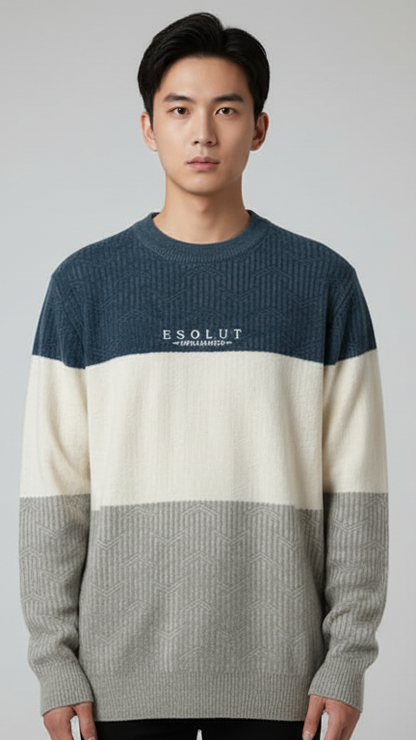 Men's Mixed-Knit Color-Block Sweater - Blue, White & Grey