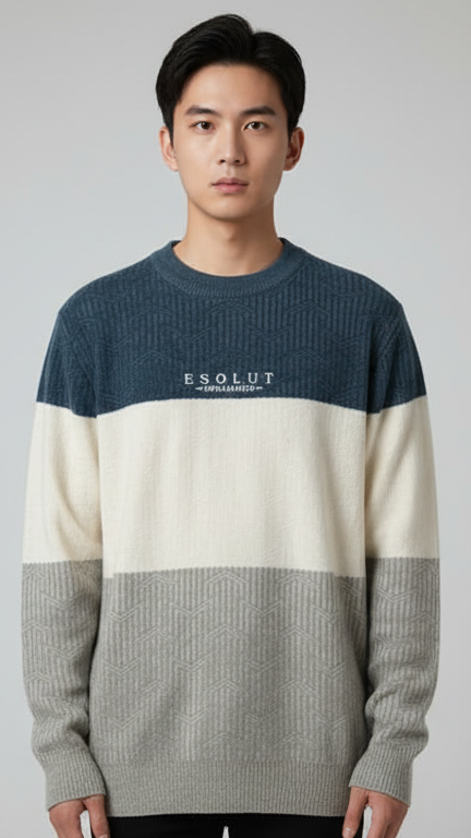 Men's Mixed-Knit Color-Block Sweater - Blue, White & Grey