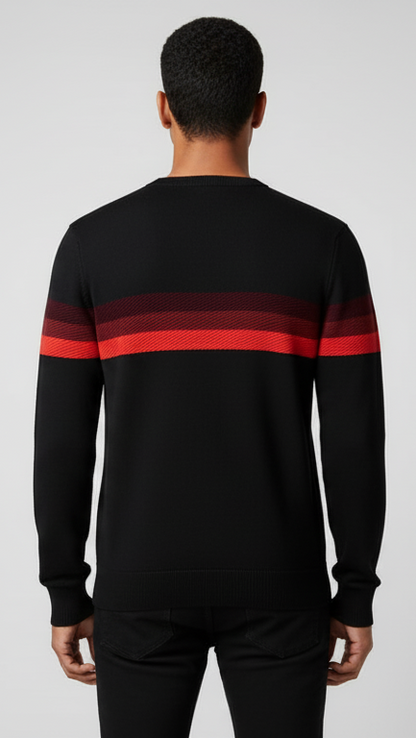 Men's Crewneck Sweater with Textured Gradient Stripe - Black & Red