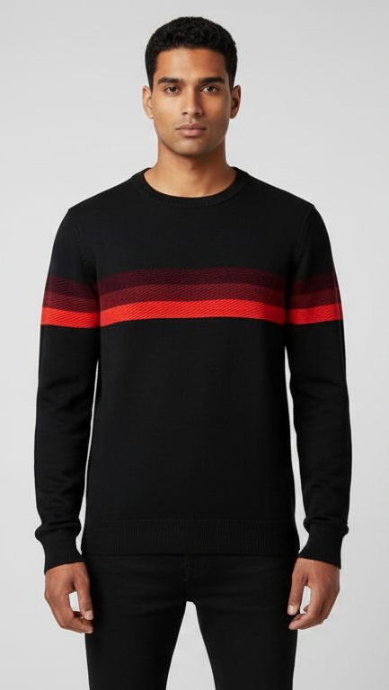 Men's Crewneck Sweater with Textured Gradient Stripe - Black & Red