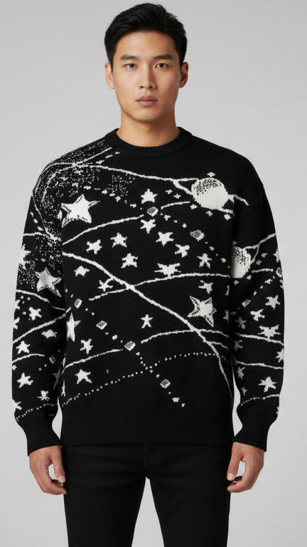 Men's Celestial Jacquard Knit Sweater - Black & White