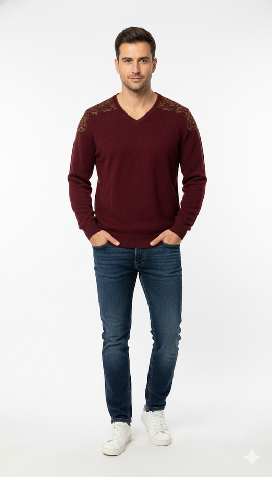 Elegant Maroon V-Neck Sweater with Motif Detail